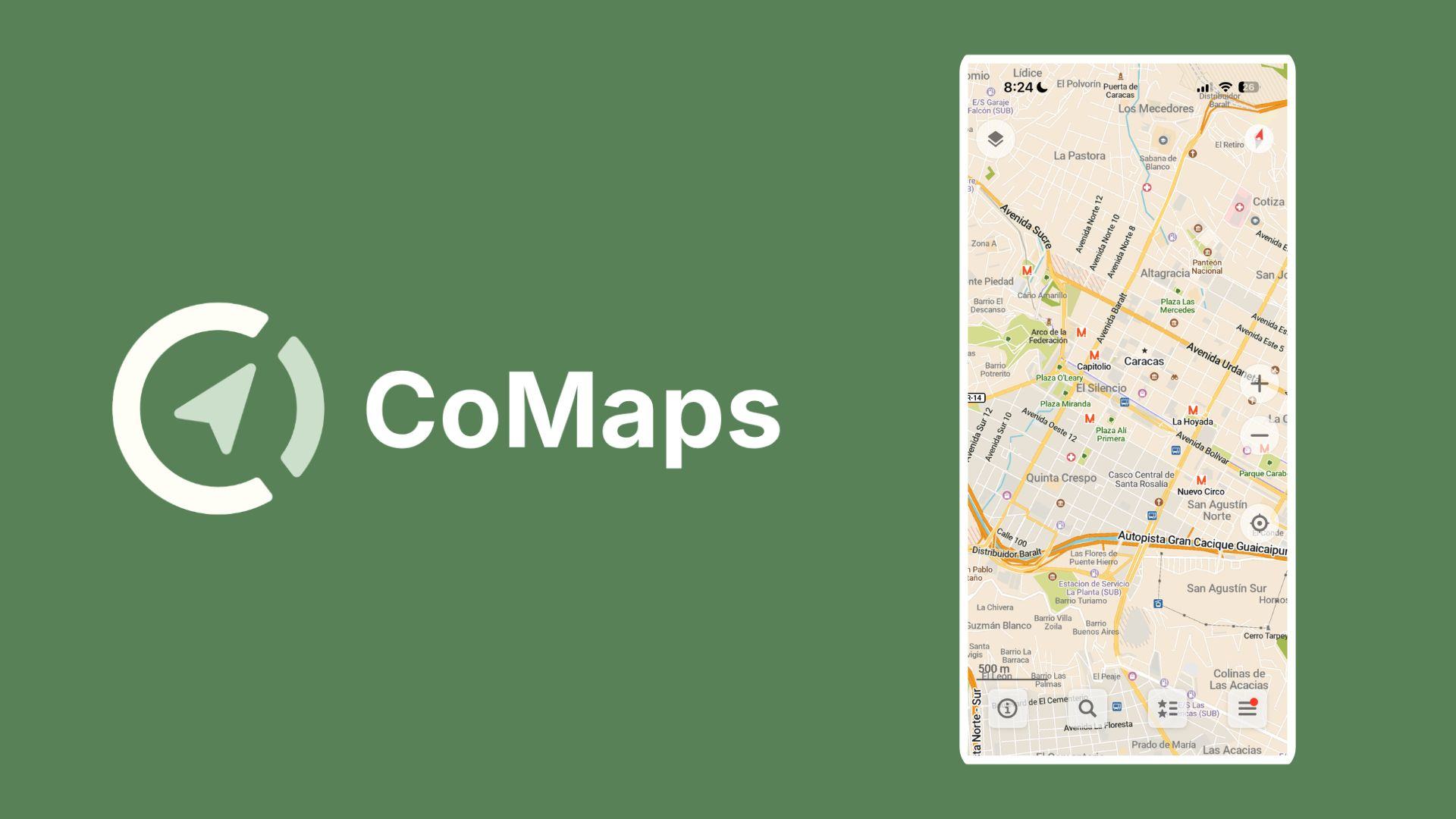 CoMaps logo and map screenshot of Caracas, Venezuela