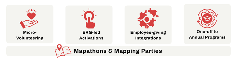 Mapathons and Mapping parties are transversal activities that can fit several of your goals:  Micro-volunteering..... ERG-Led activations.... Employee Giving integrations... One off sessions to annual programs.....