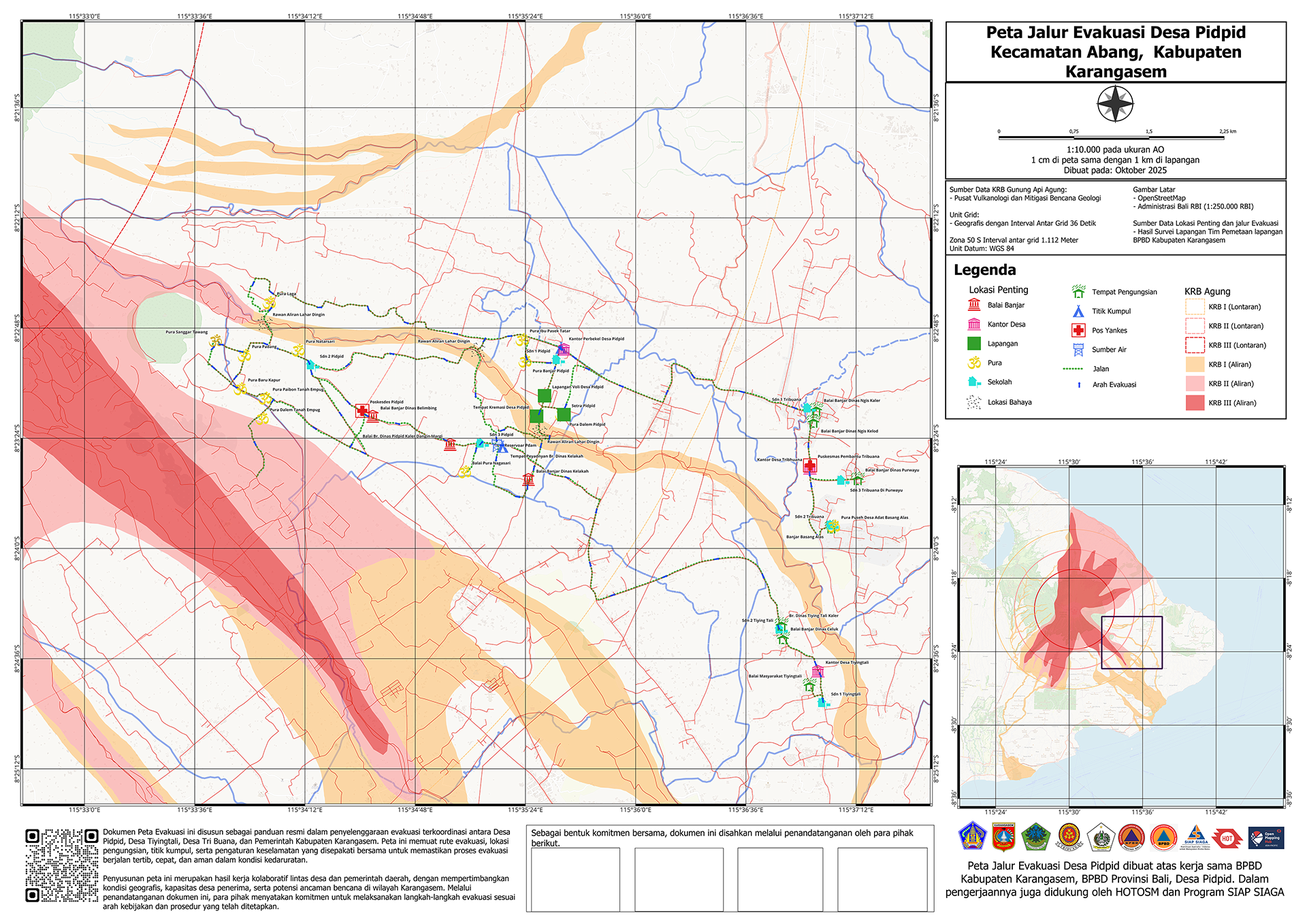 Evacuation map for Pidpid Village, created through collaboration between BPBD Karangasem, BPBD Bali, and Pidpid Village, with support from HOT, AP Hub, and the SIAP SIAGA Program