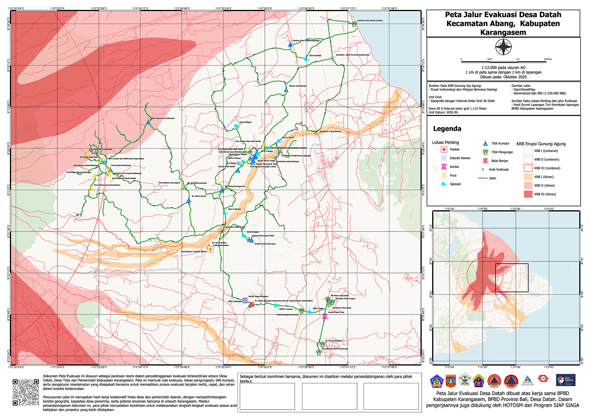 Evacuation map for Datah Village, created through collaboration between BPBD Karangasem, BPBD Bali, and Datah Village, with support from HOT, AP Hub, and the SIAP SIAGA Program