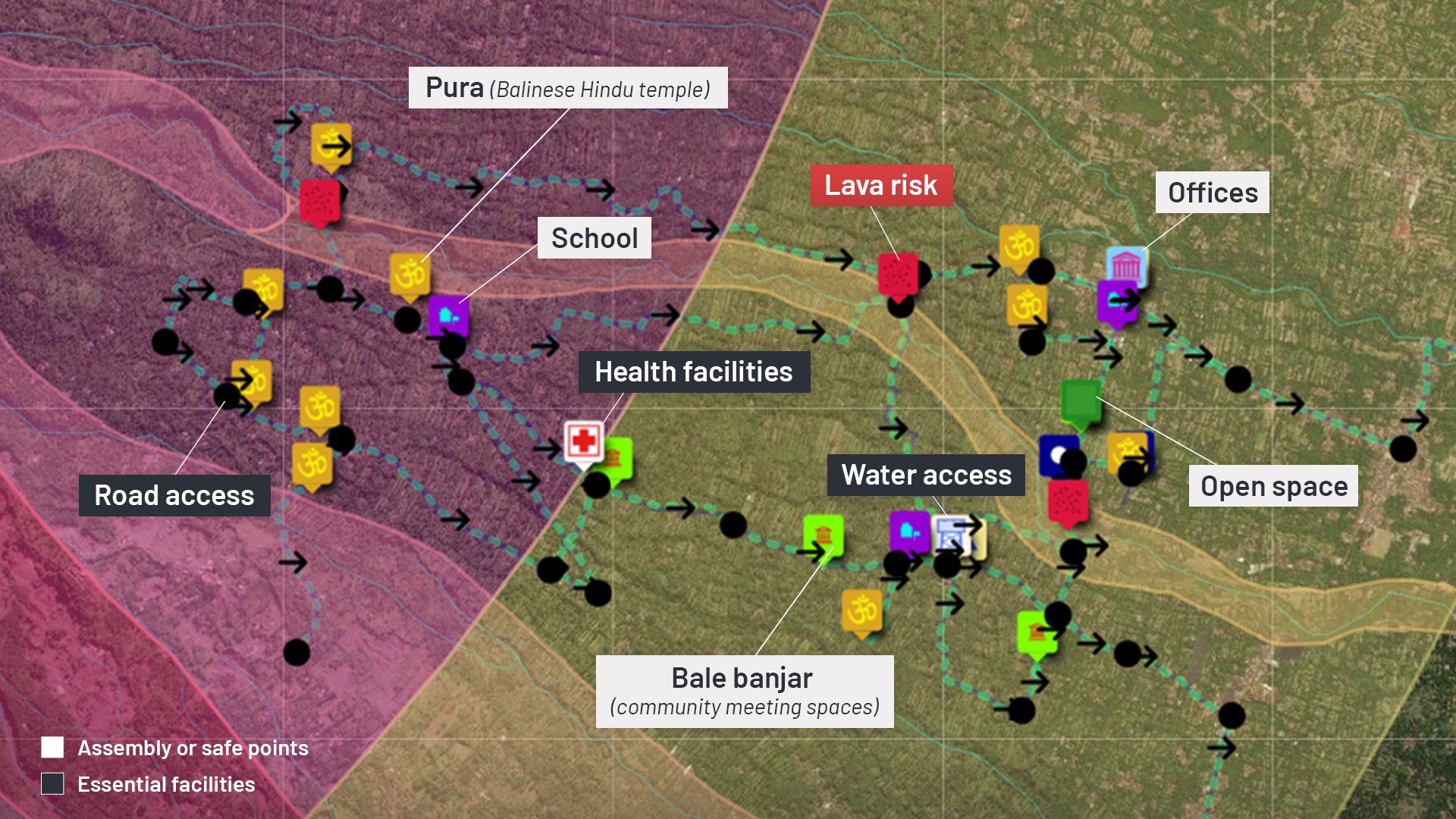 Through the digital map, communities can easily identify the different evacuation assembly points available, essential facilities, and risks, along with the direction to get to those points.