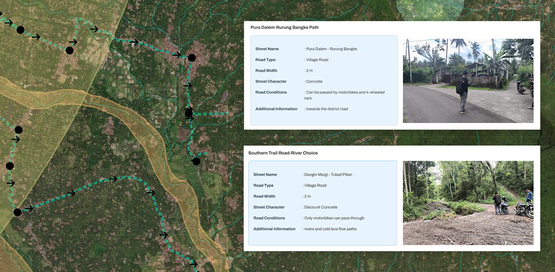 Each road data point includes information on its accessibility. Additionally, using the GPS-based “Share live location” feature on WhatsApp, BPBD Karangasem was able to map and visualize the evacuation routes (shown in green dotted lines) more accurately.