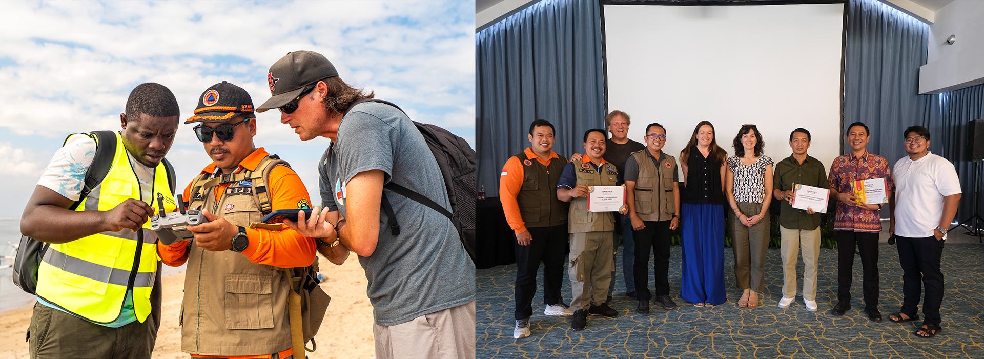 BPBD Karangasem supported a collaborative mapping activity between HOT and BPBD Bali to strengthen tsunami preparedness in Sanur (June 2026). | Photo: Mononata Studios (left), Bernard Heng / Open Mapping Hub - Asia-Pacific (right)