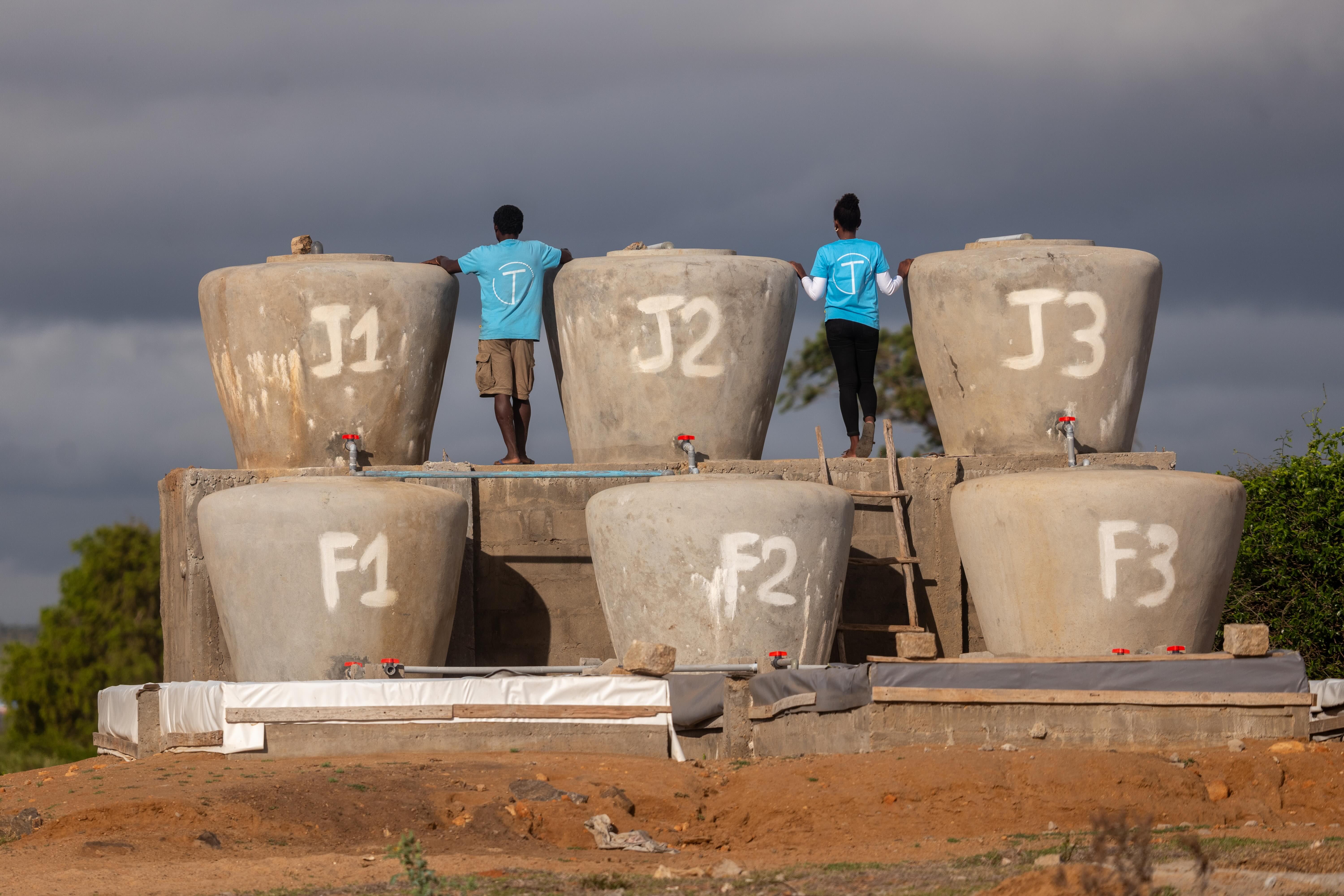 Water collected in jars for filtering