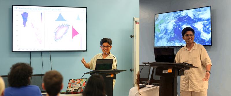 Mark presenting about access disparities to evacuation centers in the Philippines | Photo: Joshua Baranda / Yugto Live, courtesy of State of the Map 2025 (left), courtesy of Mark Joseph William Ducusin (right)