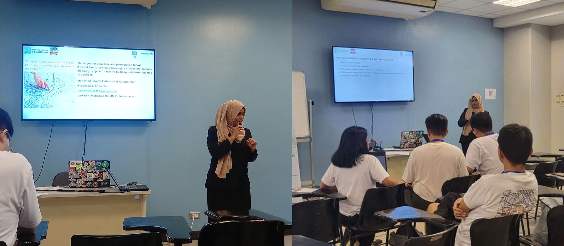 Hasna presenting her work with the Vriddhi Project | Photo: Dinar Adiatma / Open Mapping Hub - Asia-Pacific (left), Lauren Hedges (right)