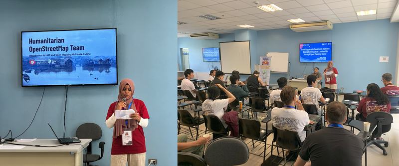 Hasna hosting sessions at SotM 2025, including AP Hub’s session on the Myanmar Earthquake Response project and Open Mapping Guru. This marked a personal milestone for her, as it was her first time hosting in front of an international audience. | Photo: Noman Bin Hossain (left), Mark Joseph William Ducusin (right)