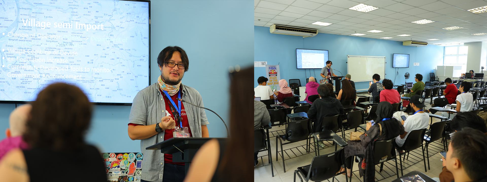 Dennis Raylin Chen presented about OpenStreetMap x Wikidata collaboration in Taiwan, which included cross-linking and data integration between the two platforms. | Photo: Joshua Baranda / Yugto Live, courtesy of State of the Map 2025