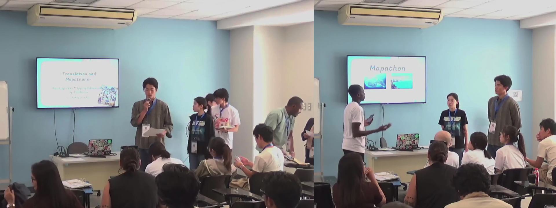 Yamasaki Rito and Shota, along with other members of YouthMappers AGU from Japan, presented their chapter’s work in expanding student engagement in mapping activities through translation projects and mapathons. | Photo: screenshots from SotM 2025 session recording