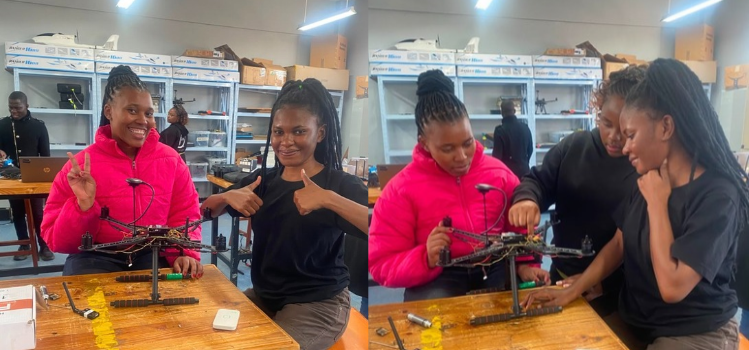 Palesa (left, in red) and a fellow trainee assemble a drone at the African Drone and Data Academy, Malawi | Photo: courtesy of Palesa Thetele