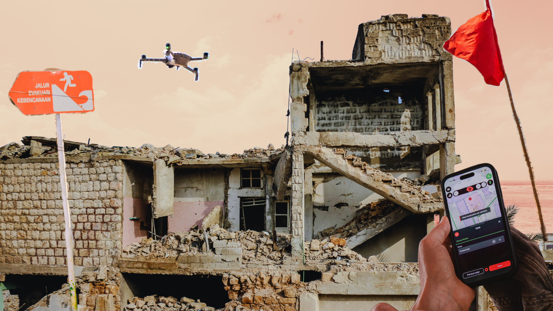 A collage showcasing a destroyed building, a red flag, an evacuation sign a drone flying and a hand holding a cellphone for field mapping